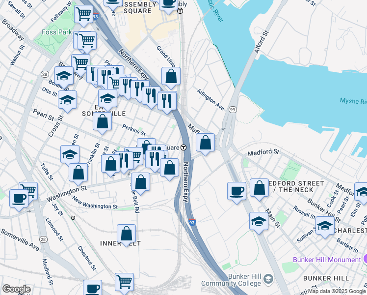 map of restaurants, bars, coffee shops, grocery stores, and more near 1 Cambridge Street in Boston