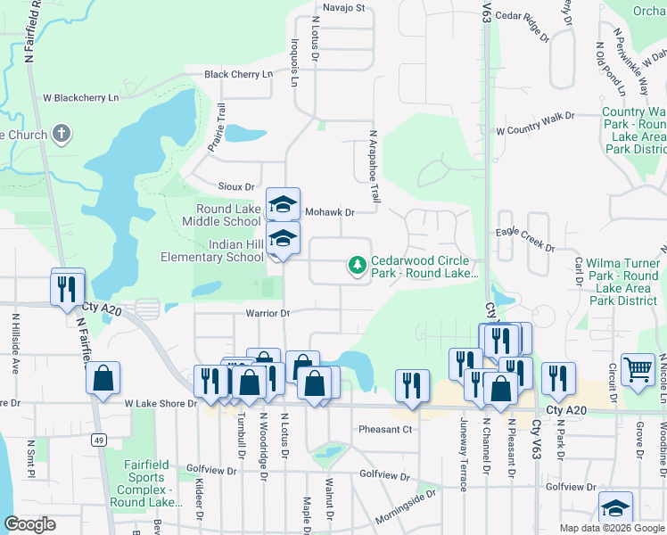 map of restaurants, bars, coffee shops, grocery stores, and more near 705 Turkey Run Drive in Round Lake Heights