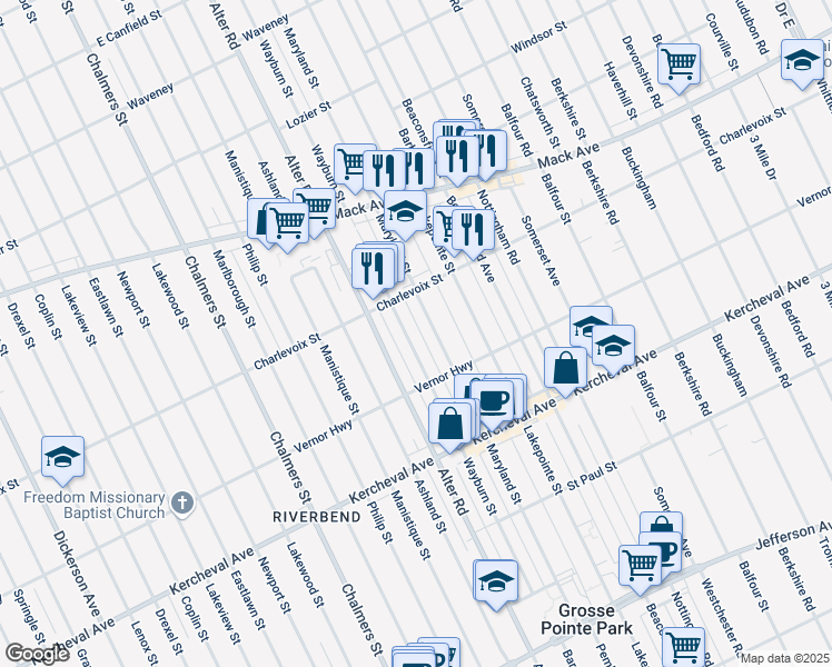 map of restaurants, bars, coffee shops, grocery stores, and more near 1352 Wayburn Street in Grosse Pointe