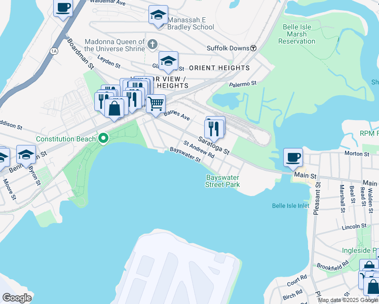 map of restaurants, bars, coffee shops, grocery stores, and more near 102 Bayswater Street in Boston