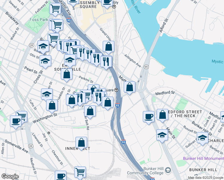 map of restaurants, bars, coffee shops, grocery stores, and more near 35a Brighton Street in Boston