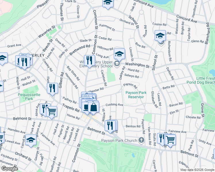 map of restaurants, bars, coffee shops, grocery stores, and more near 3 Carleton Road in Belmont