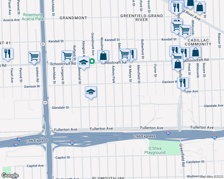 map of restaurants, bars, coffee shops, grocery stores, and more near 12923 Asbury Park in Detroit