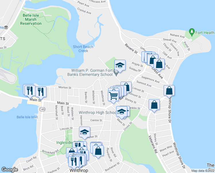 map of restaurants, bars, coffee shops, grocery stores, and more near 700 Governors Drive in Winthrop