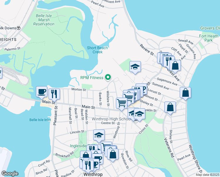 map of restaurants, bars, coffee shops, grocery stores, and more near 120 Banks Street in Winthrop
