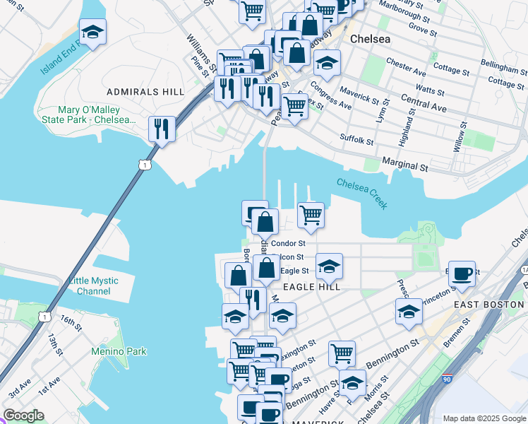 map of restaurants, bars, coffee shops, grocery stores, and more near 480 Meridian Street in Boston