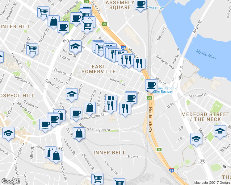map of restaurants, bars, coffee shops, grocery stores, and more near in Somerville