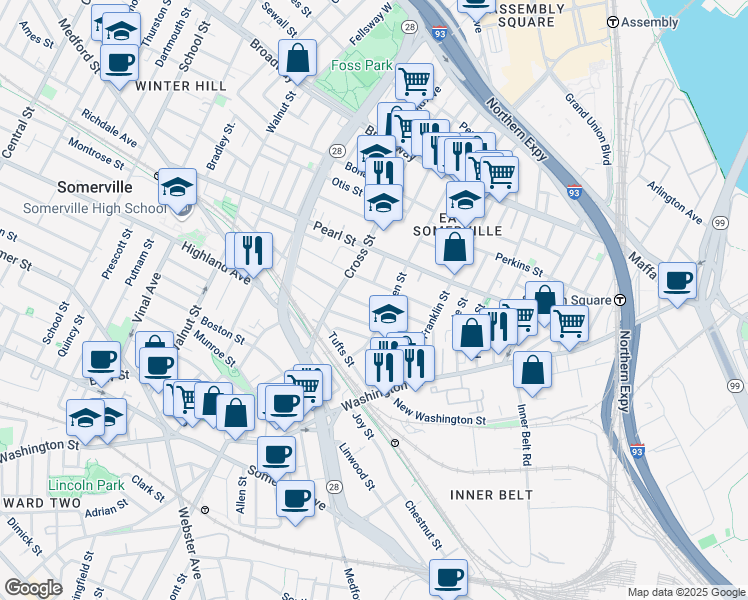 map of restaurants, bars, coffee shops, grocery stores, and more near 47 Oliver Street in Somerville