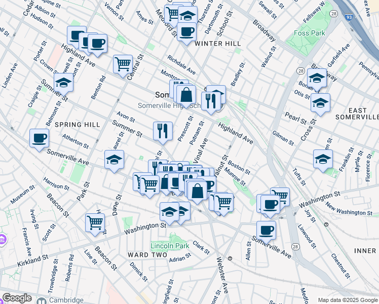 map of restaurants, bars, coffee shops, grocery stores, and more near 22 Putnam Street in Somerville