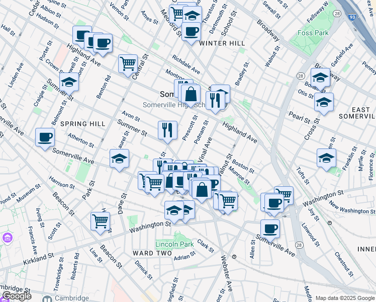 map of restaurants, bars, coffee shops, grocery stores, and more near 22 Putnam Street in Somerville