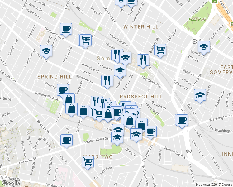 map of restaurants, bars, coffee shops, grocery stores, and more near 22 Putnam Street in Somerville