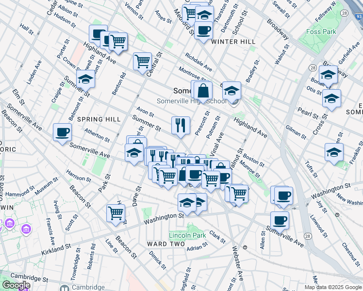 map of restaurants, bars, coffee shops, grocery stores, and more near 59 Summer Street in Somerville