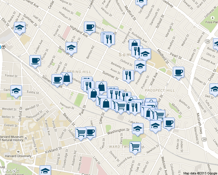 map of restaurants, bars, coffee shops, grocery stores, and more near 27 Osgood Street in Somerville