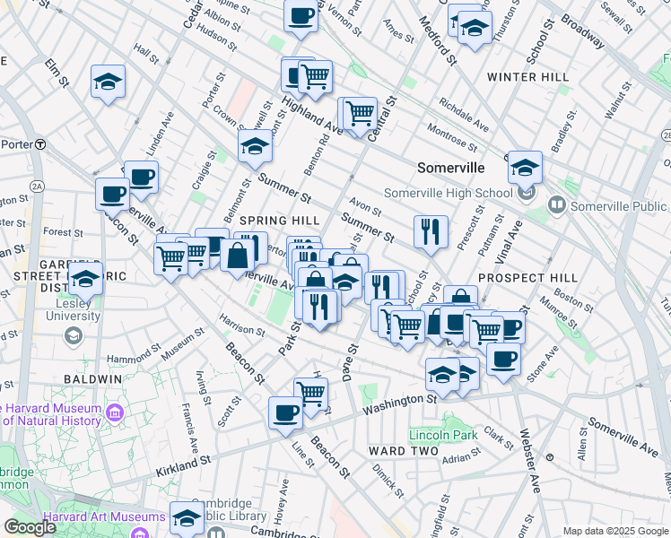 map of restaurants, bars, coffee shops, grocery stores, and more near 25 Laurel Street in Somerville