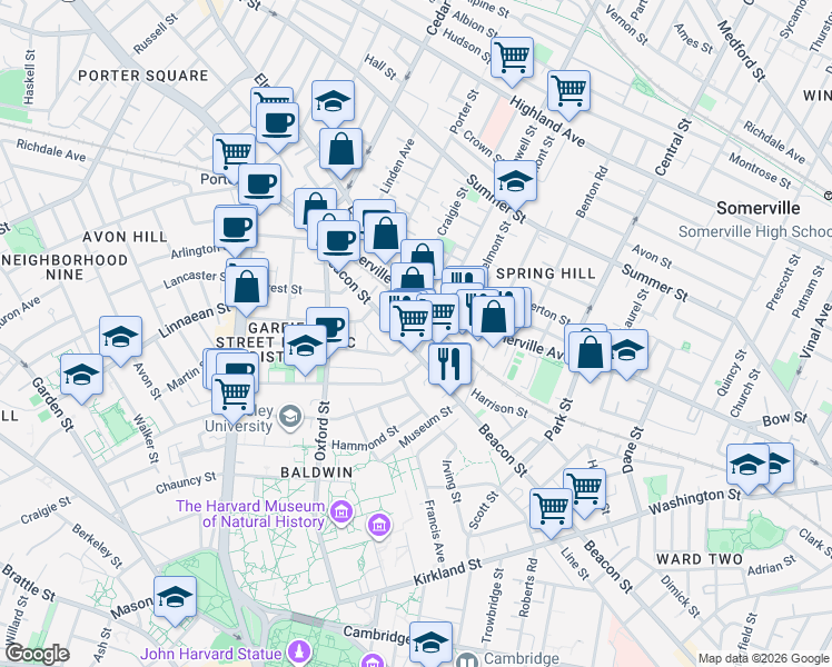map of restaurants, bars, coffee shops, grocery stores, and more near in Somerville