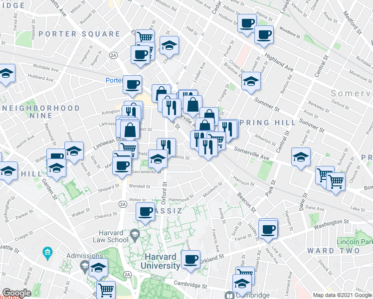 map of restaurants, bars, coffee shops, grocery stores, and more near 14 Traymore Street in Cambridge