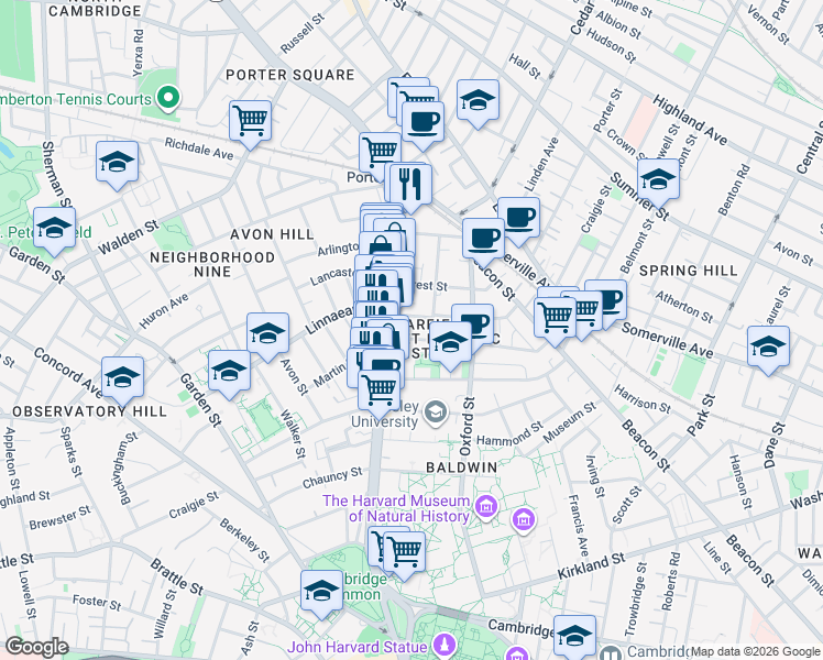 map of restaurants, bars, coffee shops, grocery stores, and more near in Cambridge