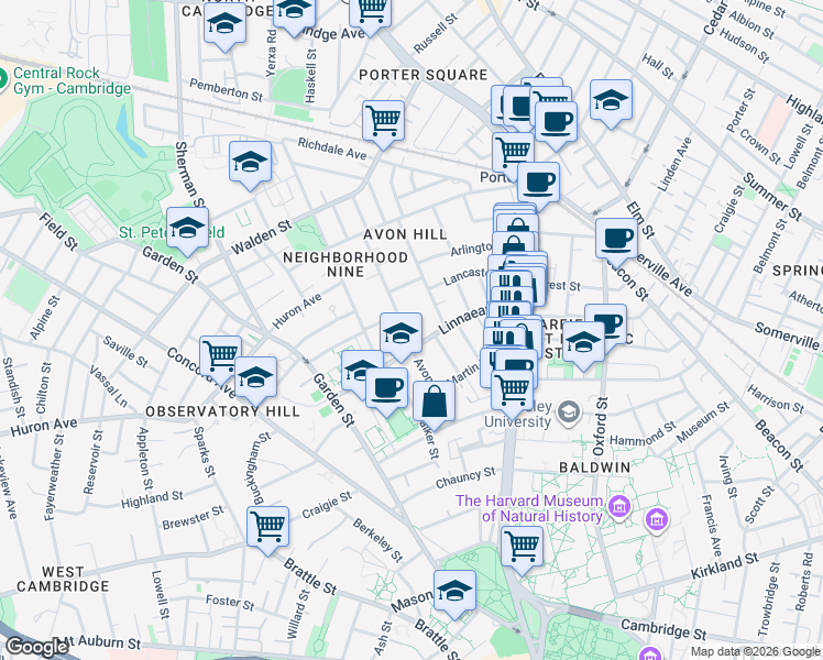map of restaurants, bars, coffee shops, grocery stores, and more near 14 Avon Place in Cambridge