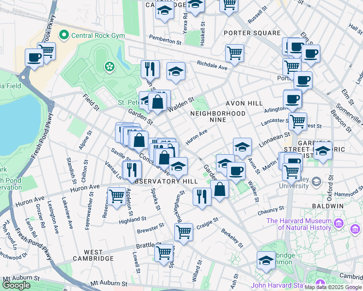 map of restaurants, bars, coffee shops, grocery stores, and more near 6 Garden Court in Cambridge