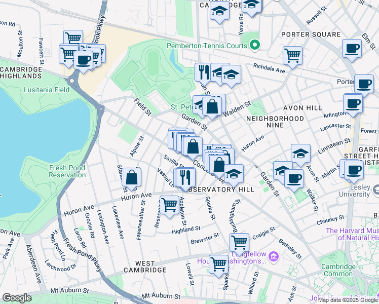 map of restaurants, bars, coffee shops, grocery stores, and more near 356 Walden Street in Cambridge