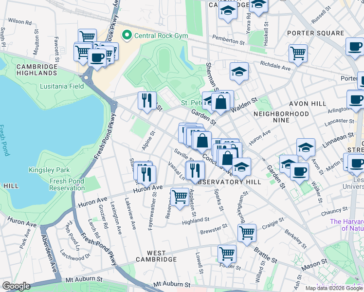 map of restaurants, bars, coffee shops, grocery stores, and more near 302 Concord Avenue in Cambridge