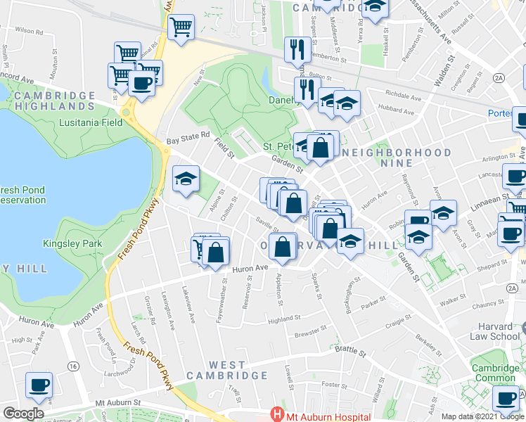 map of restaurants, bars, coffee shops, grocery stores, and more near 302 Concord Avenue in Cambridge