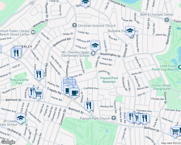 map of restaurants, bars, coffee shops, grocery stores, and more near 148 Oakley Road in Belmont