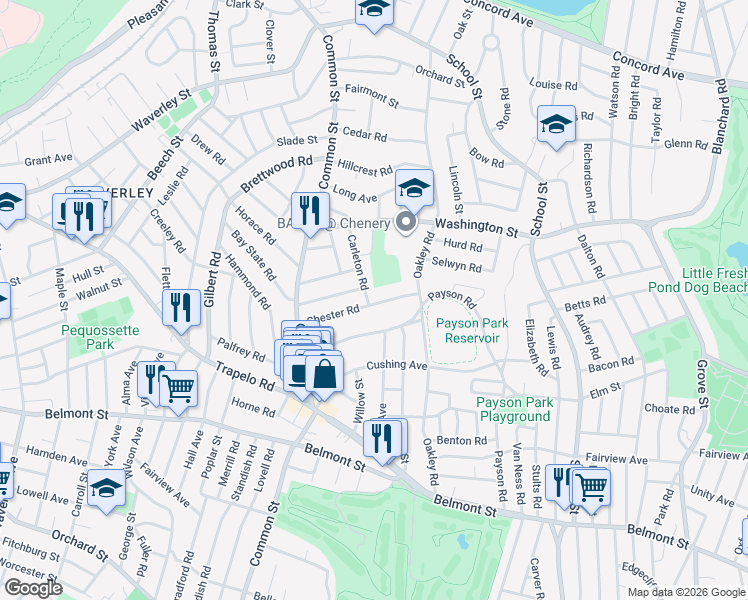 map of restaurants, bars, coffee shops, grocery stores, and more near 3 Carleton Road in Belmont
