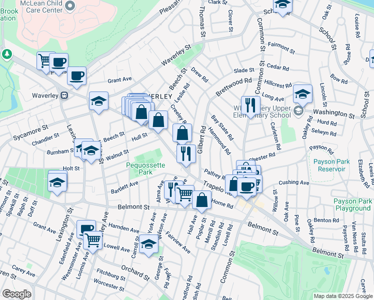 map of restaurants, bars, coffee shops, grocery stores, and more near 280 Trapelo Road in Belmont