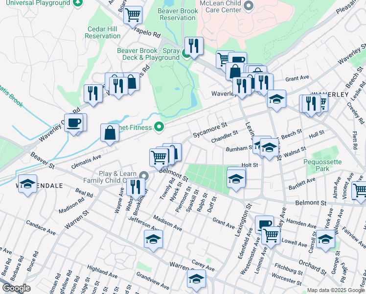 map of restaurants, bars, coffee shops, grocery stores, and more near 214 Sycamore Street in Watertown