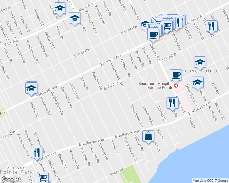map of restaurants, bars, coffee shops, grocery stores, and more near 1048 Whittier Road in Grosse Pointe Park
