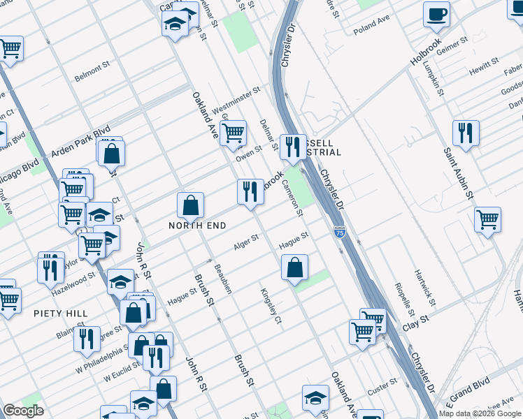 map of restaurants, bars, coffee shops, grocery stores, and more near 8837 Oakland Avenue in Detroit