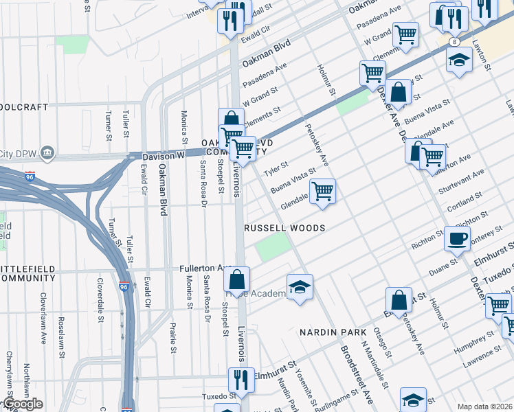 map of restaurants, bars, coffee shops, grocery stores, and more near 12854 Livernois in Detroit