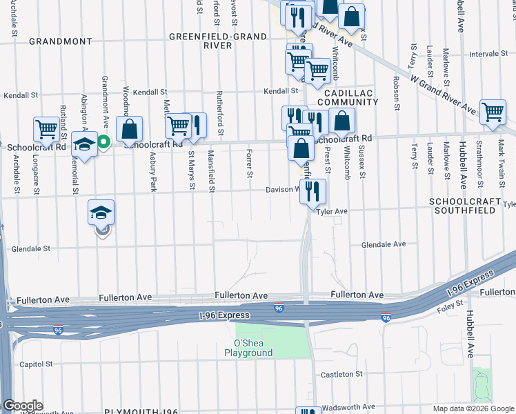 map of restaurants, bars, coffee shops, grocery stores, and more near 12925 Montrose Street in Detroit