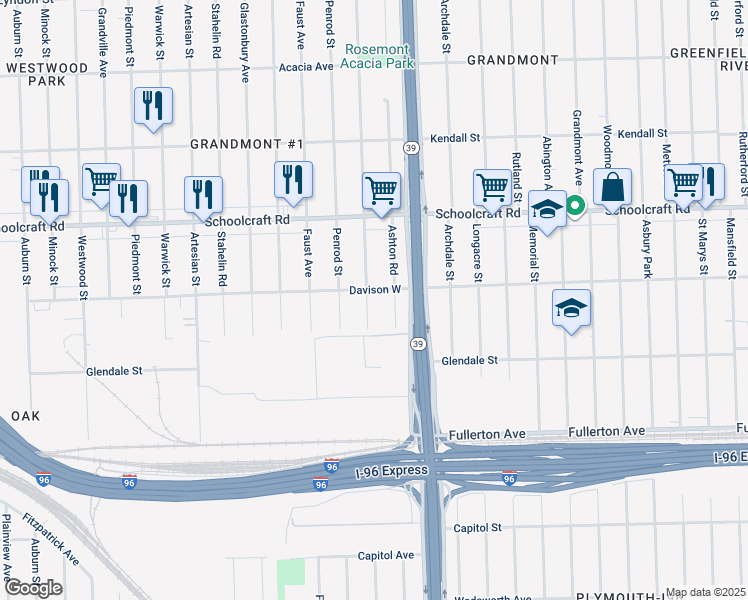 map of restaurants, bars, coffee shops, grocery stores, and more near 12943 Rosemont Avenue in Detroit