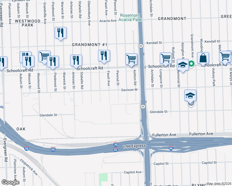 map of restaurants, bars, coffee shops, grocery stores, and more near 12948 Faust Avenue in Detroit