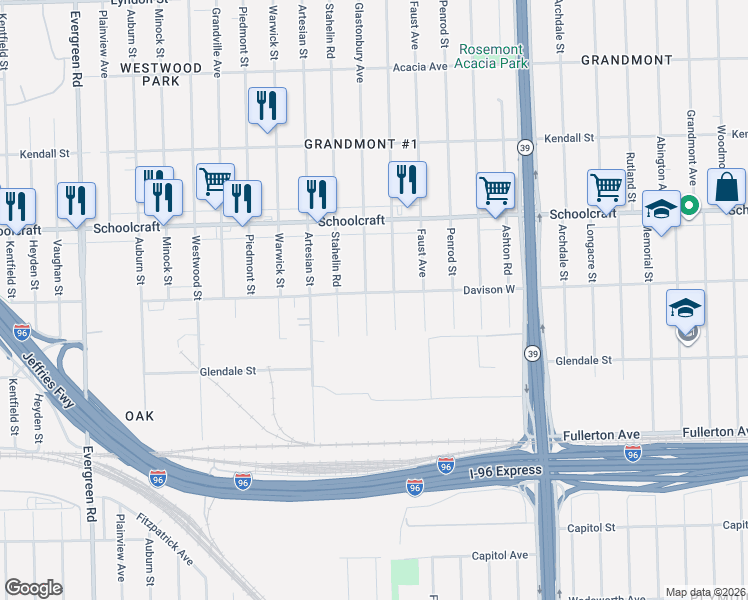 map of restaurants, bars, coffee shops, grocery stores, and more near 12950 Glastonbury Avenue in Detroit