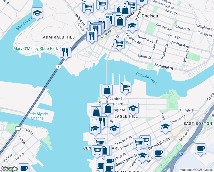 map of restaurants, bars, coffee shops, grocery stores, and more near 1 Pearl Street in Boston