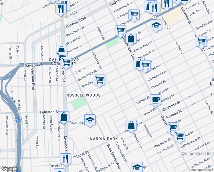 map of restaurants, bars, coffee shops, grocery stores, and more near 4221 Leslie Street in Detroit