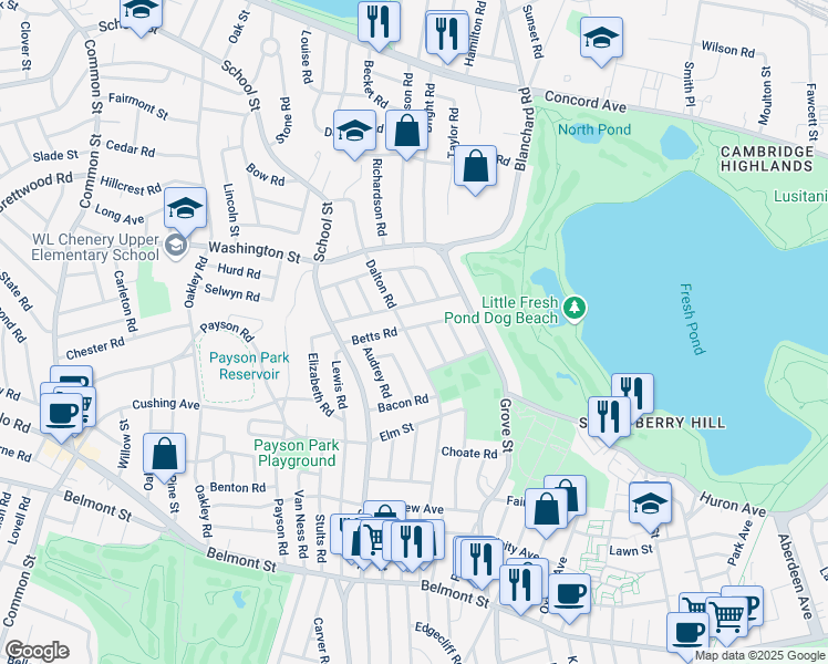 map of restaurants, bars, coffee shops, grocery stores, and more near 46 Betts Road in Belmont