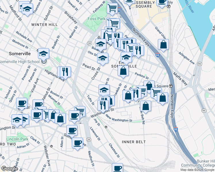 map of restaurants, bars, coffee shops, grocery stores, and more near 28 Flint Street in Somerville