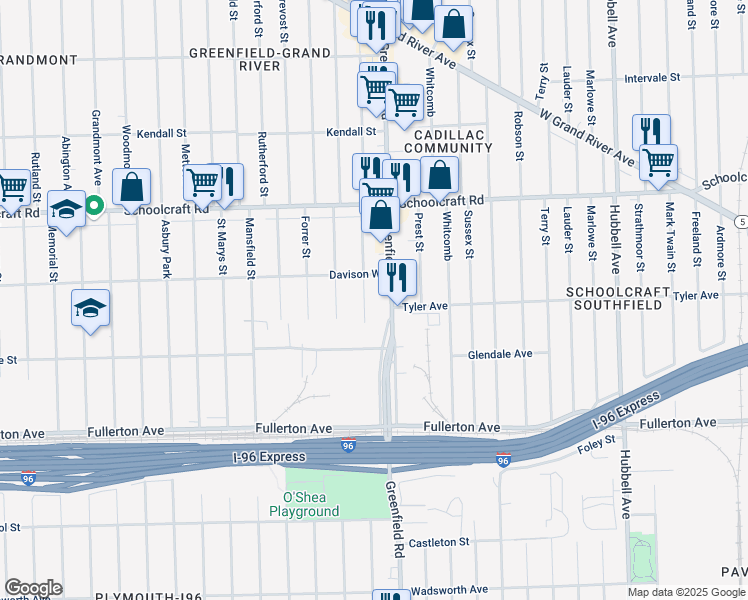 map of restaurants, bars, coffee shops, grocery stores, and more near 12914 Winthrop Street in Detroit