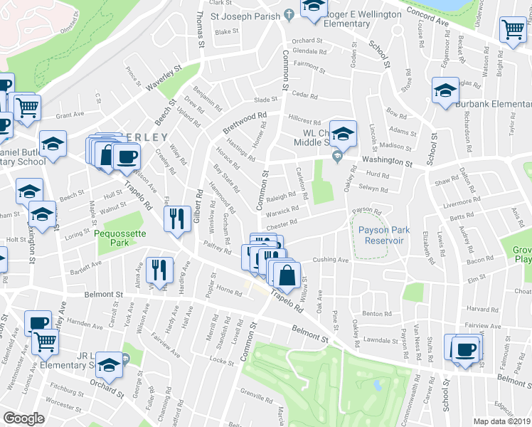 map of restaurants, bars, coffee shops, grocery stores, and more near 4 Warwick Road in Belmont