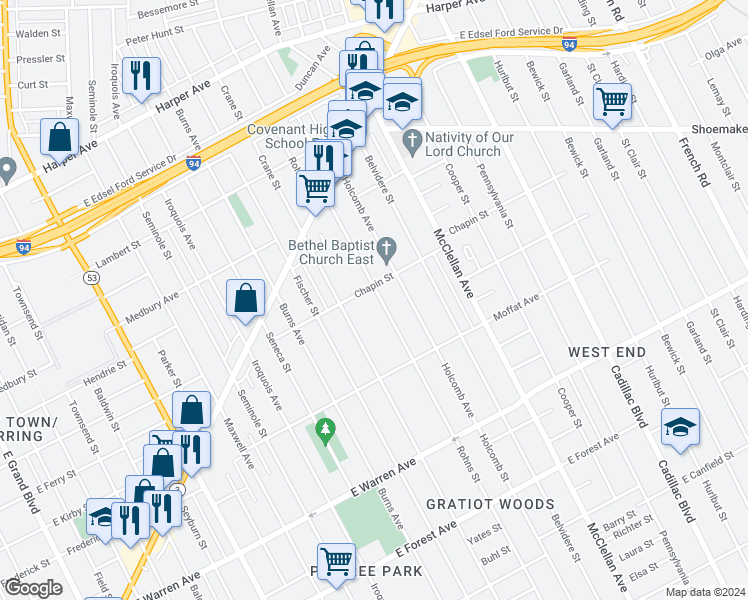 map of restaurants, bars, coffee shops, grocery stores, and more near 5453 Rohns Street in Detroit