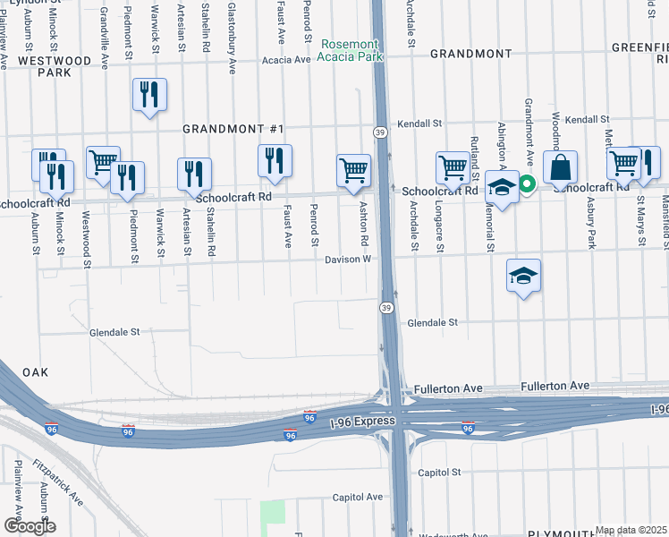 map of restaurants, bars, coffee shops, grocery stores, and more near 12943 Rosemont Avenue in Detroit