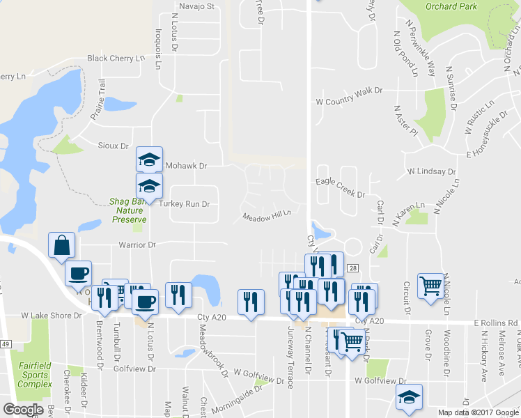 map of restaurants, bars, coffee shops, grocery stores, and more near 512 Meadow Hill Lane in Round Lake Beach