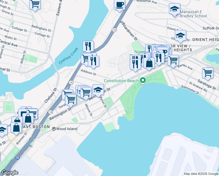 map of restaurants, bars, coffee shops, grocery stores, and more near Bennington Street in Boston