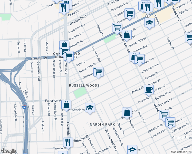 map of restaurants, bars, coffee shops, grocery stores, and more near 4290 Leslie Street in Detroit