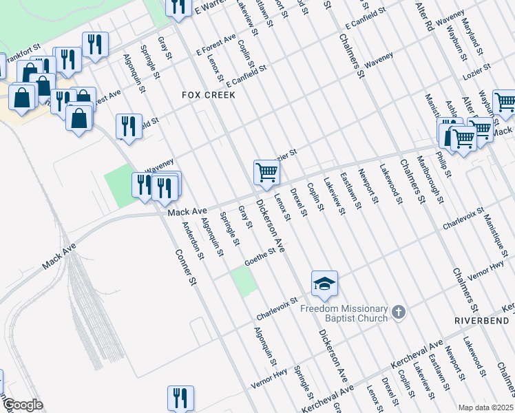 map of restaurants, bars, coffee shops, grocery stores, and more near 3551 Dickerson Avenue in Detroit