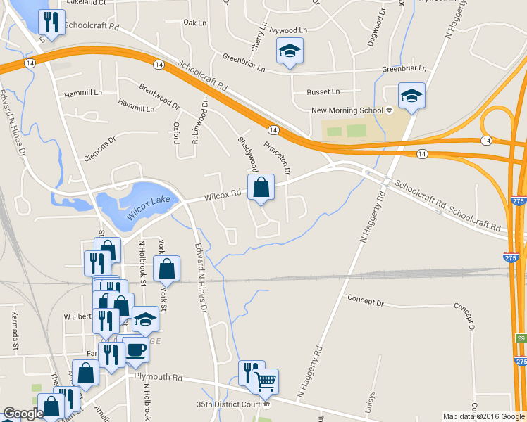 map of restaurants, bars, coffee shops, grocery stores, and more near 14175 Shadywood Drive in Plymouth